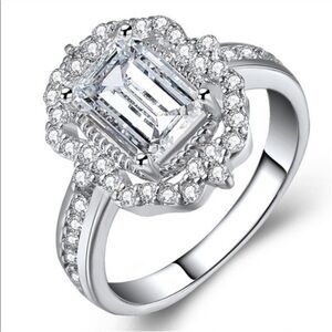 Silver 3.5CT Emerald Cut Zircon Halo Ring Size 8 Bridal Statement NWT